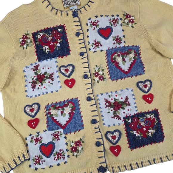 Vintage Heirloom Embroidered Heart Button Front Cardigan Sweater Cottagecore L - Picture 2 of 10